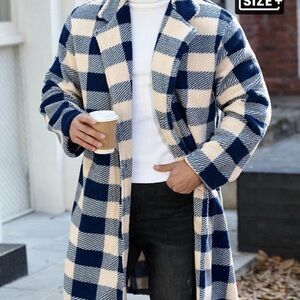 Men's Blue and Cream Checkered Pea Coat